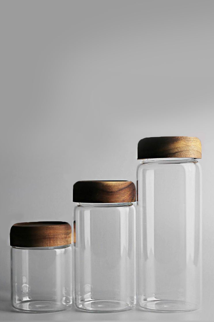 Glass Round Airtight Container With Wooden Lid - Set Of 3