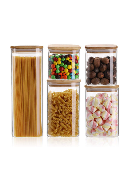 Glass Airtight Container With Wooden Lid - Set Of 5