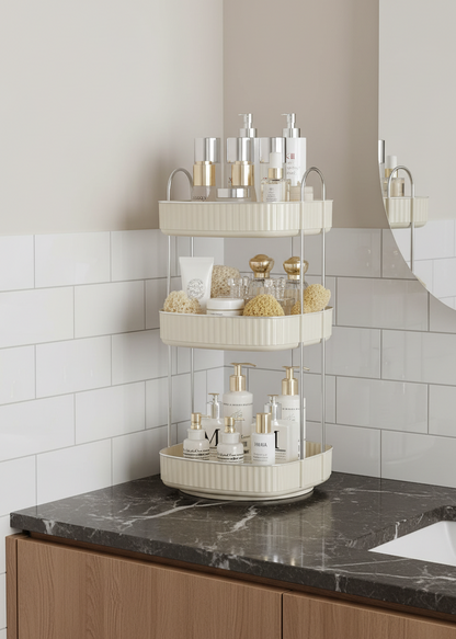 Three Tier Square Rotating Makeup Organiser - Cream