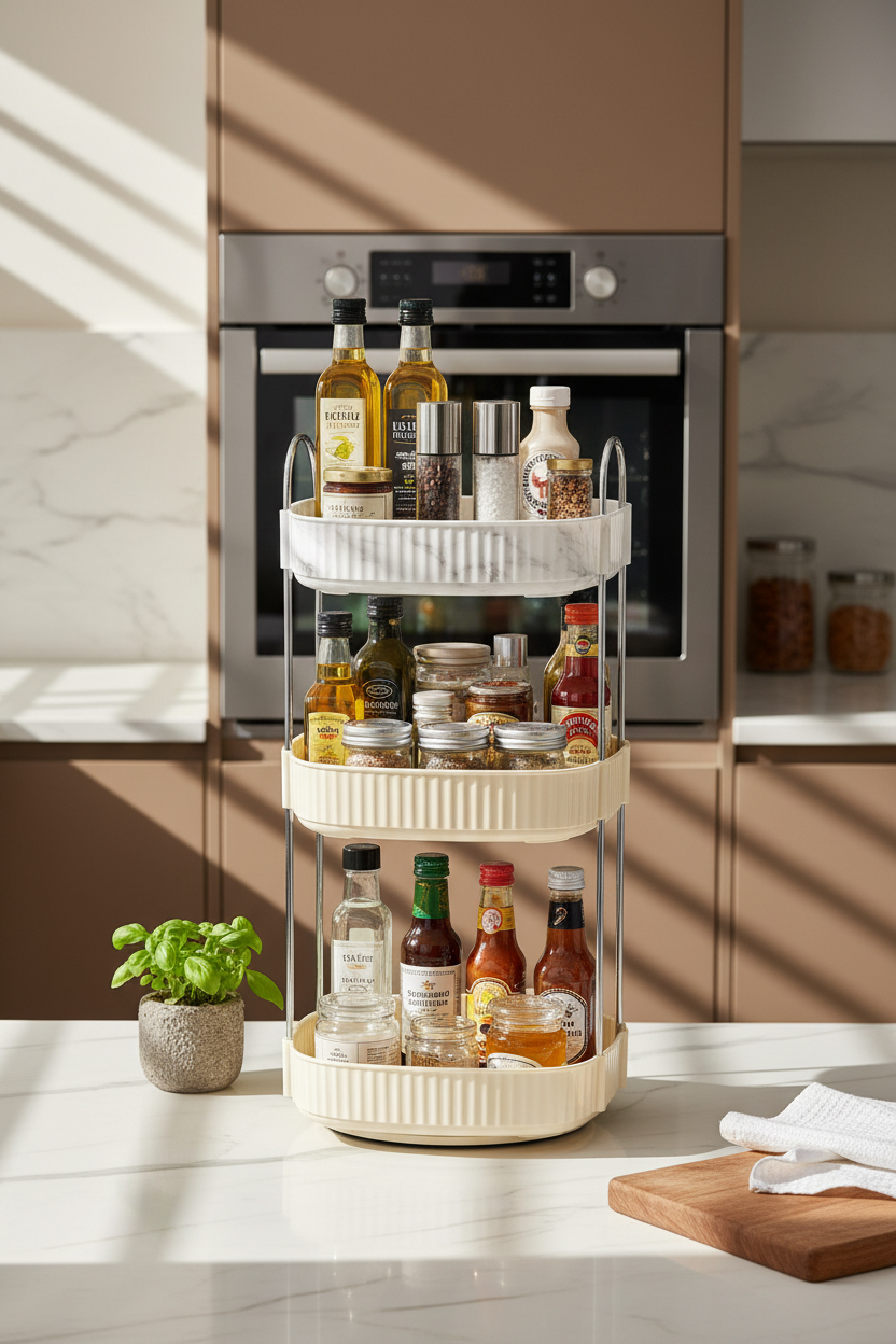 Three Tier Square Rotating Makeup Organiser - Cream