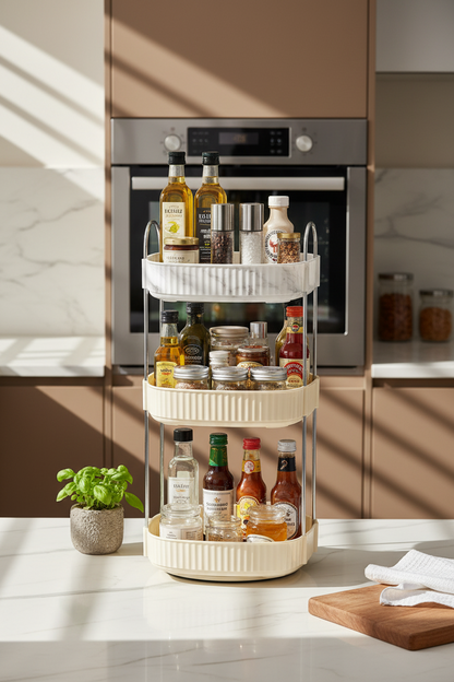 Three Tier Square Rotating Makeup Organiser - Cream