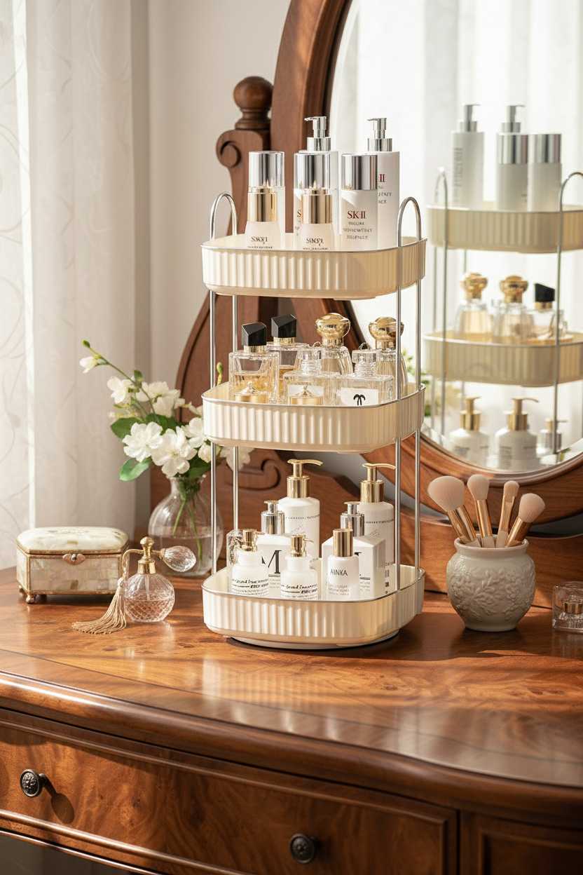 Three Tier Square Rotating Makeup Organiser - Cream