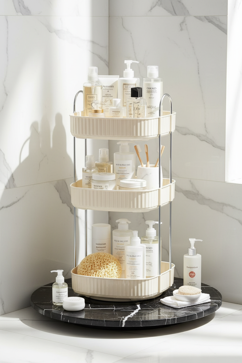 Three Tier Square Rotating Makeup Organiser - Cream