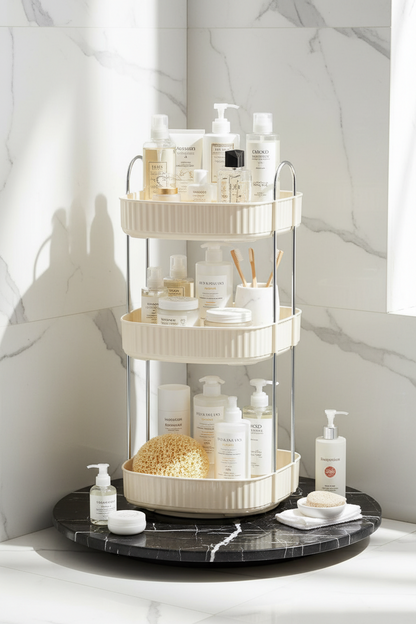 Three Tier Square Rotating Makeup Organiser - Cream