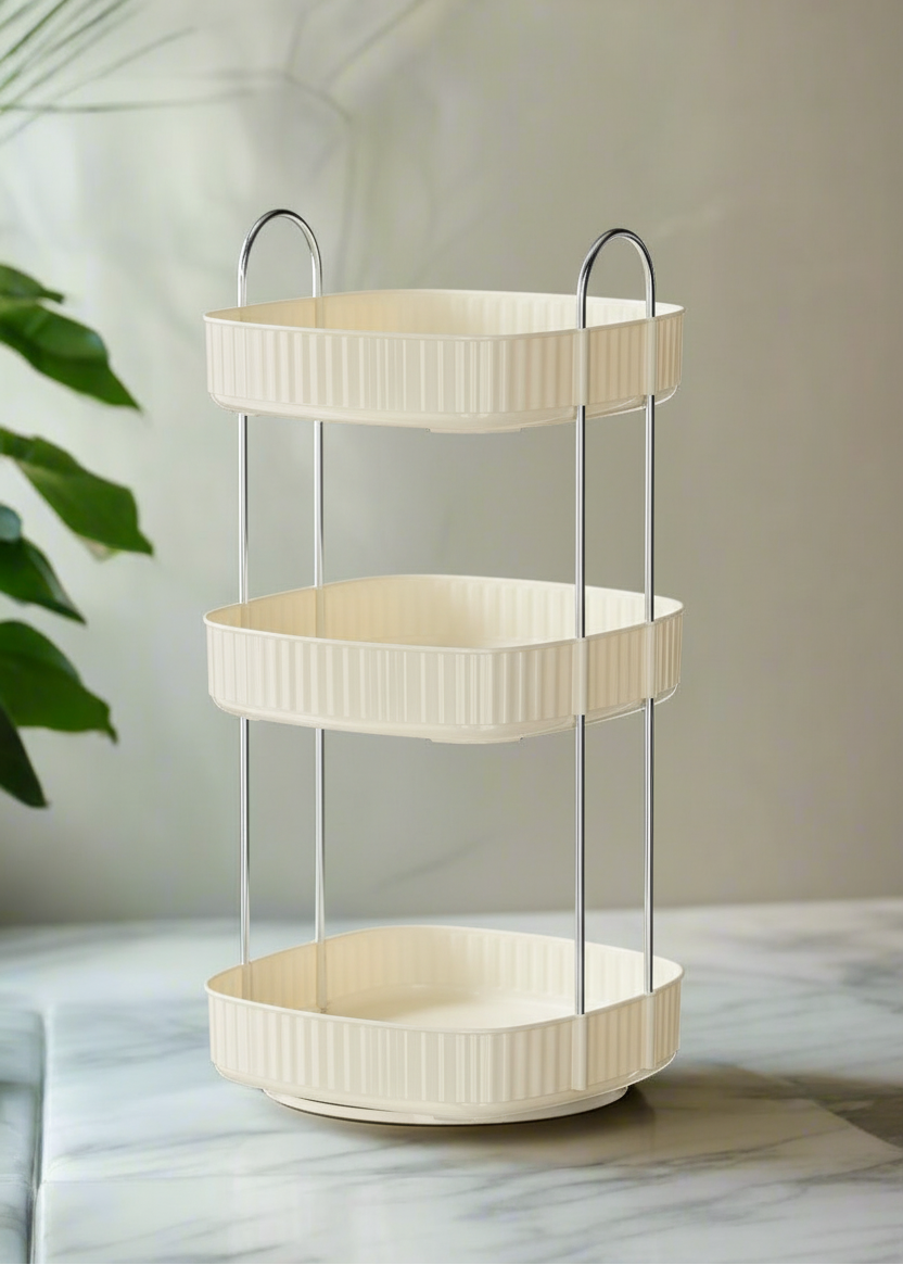 Three Tier Square Rotating Makeup Organiser - Cream