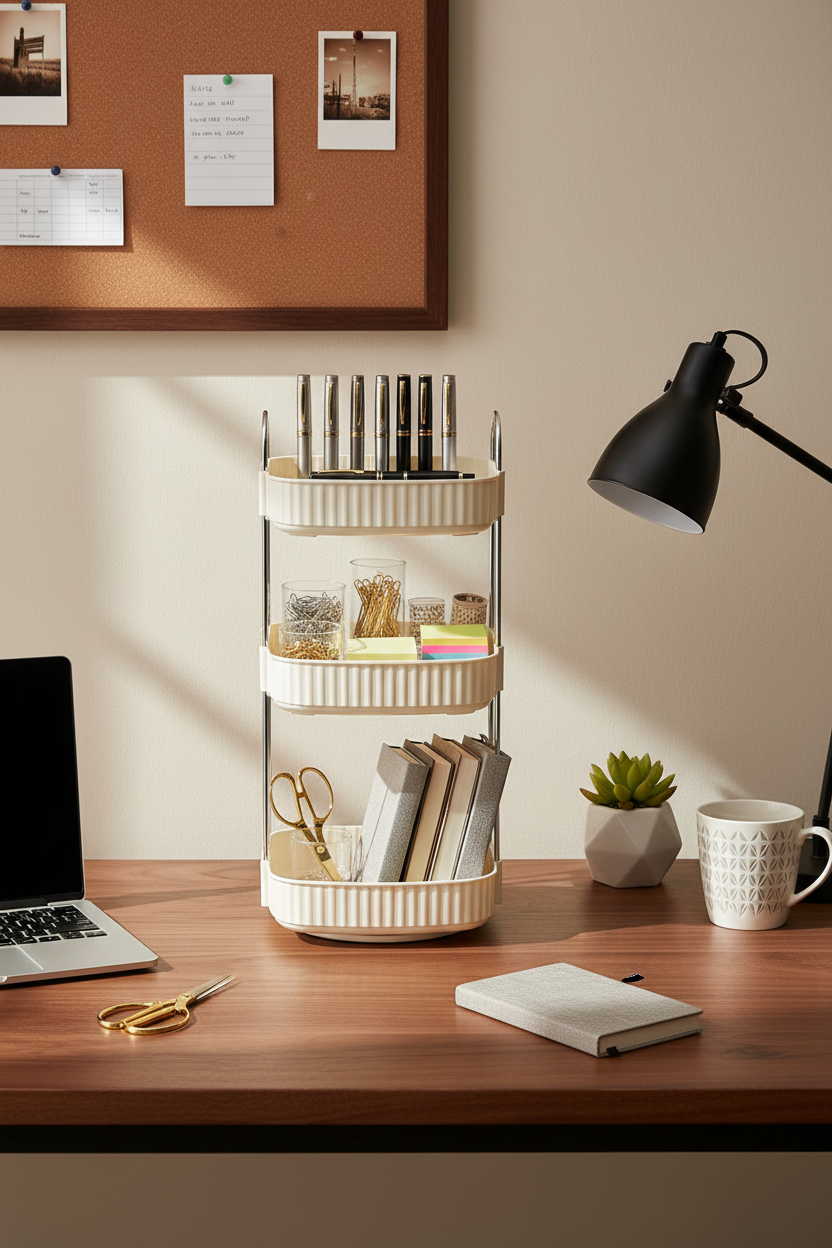 Three Tier Square Rotating Makeup Organiser - Cream