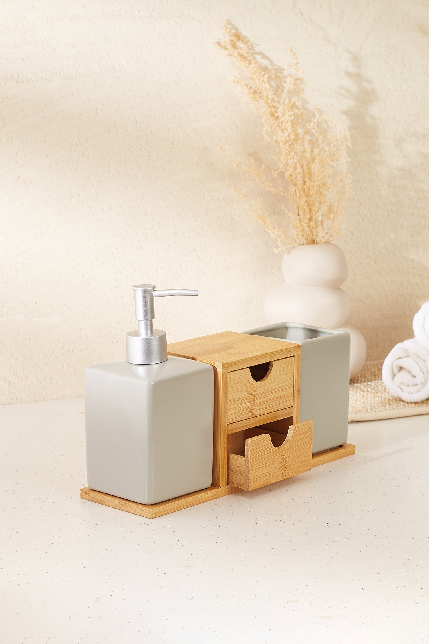 Grey Nagatoro Ceramic Bathroom Set  Bamboo Drawers