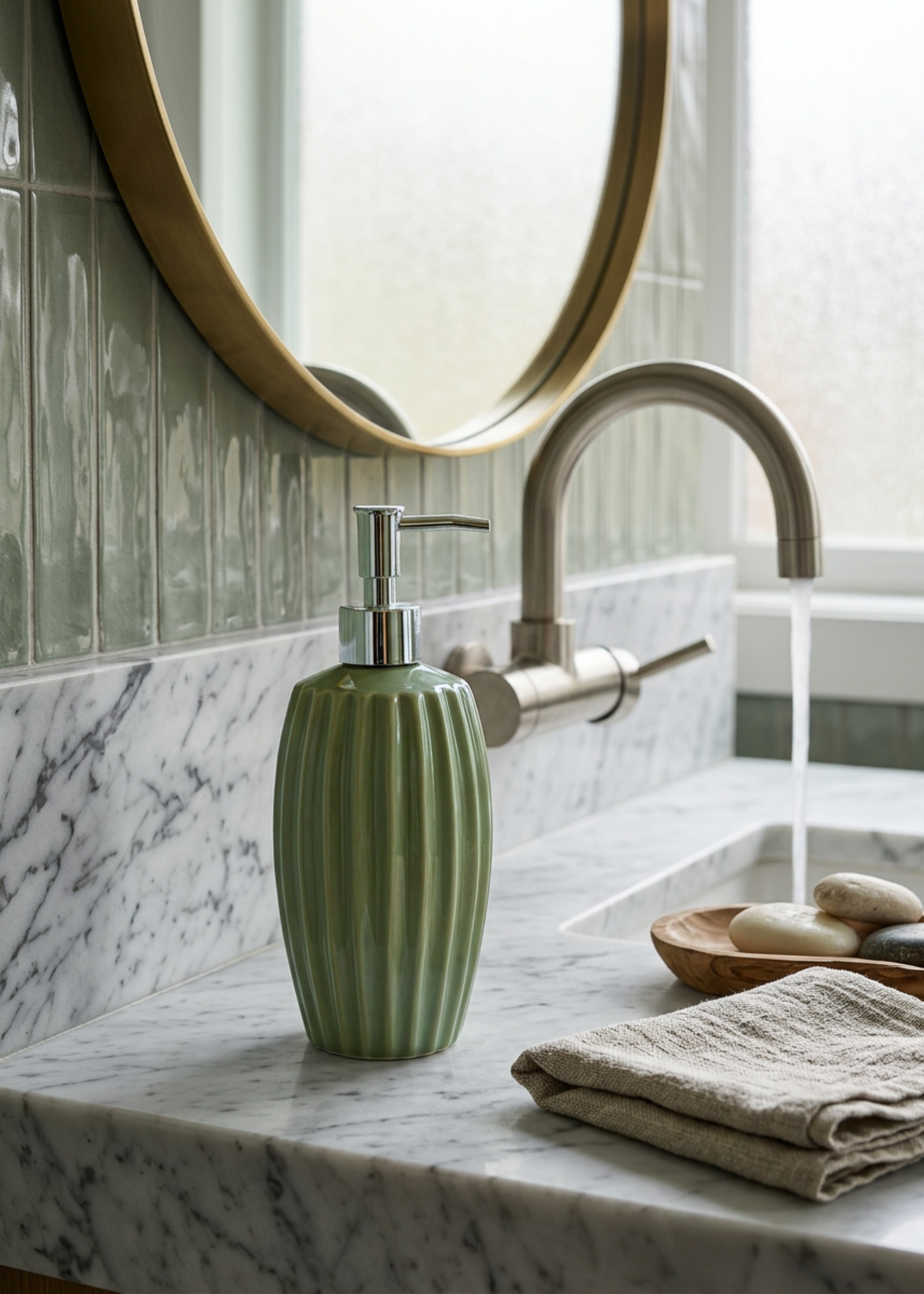 Ribbed Ceramic Bathroom Dispenser - Sage Green