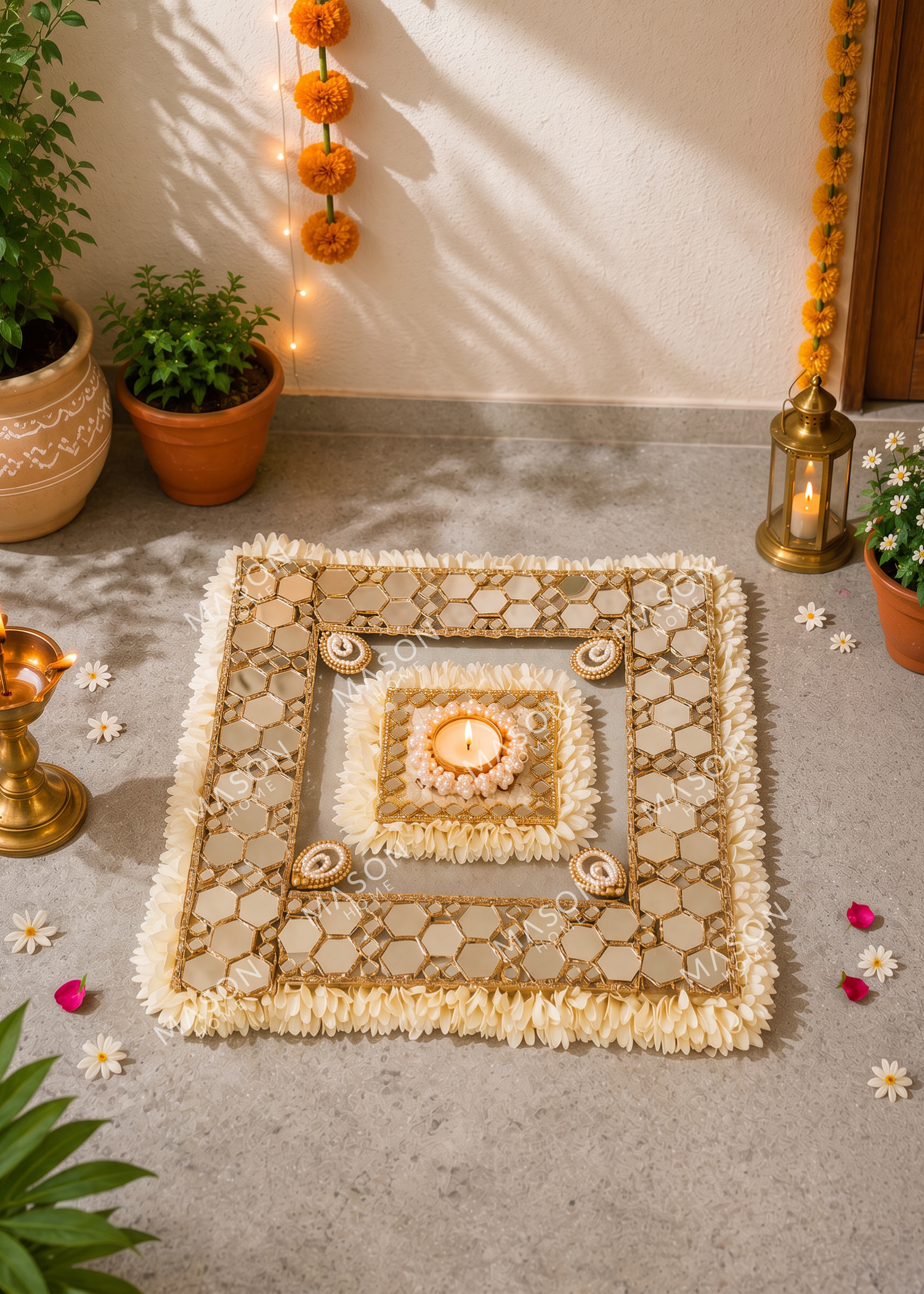 Festive Ivory Bloom Mirror Rangoli