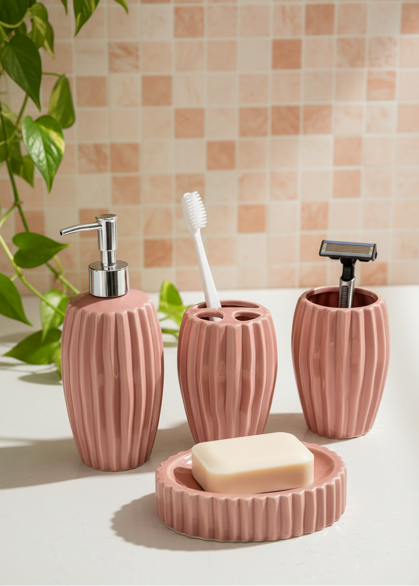 Ribbed Ceramic Bathroom Set - Peach