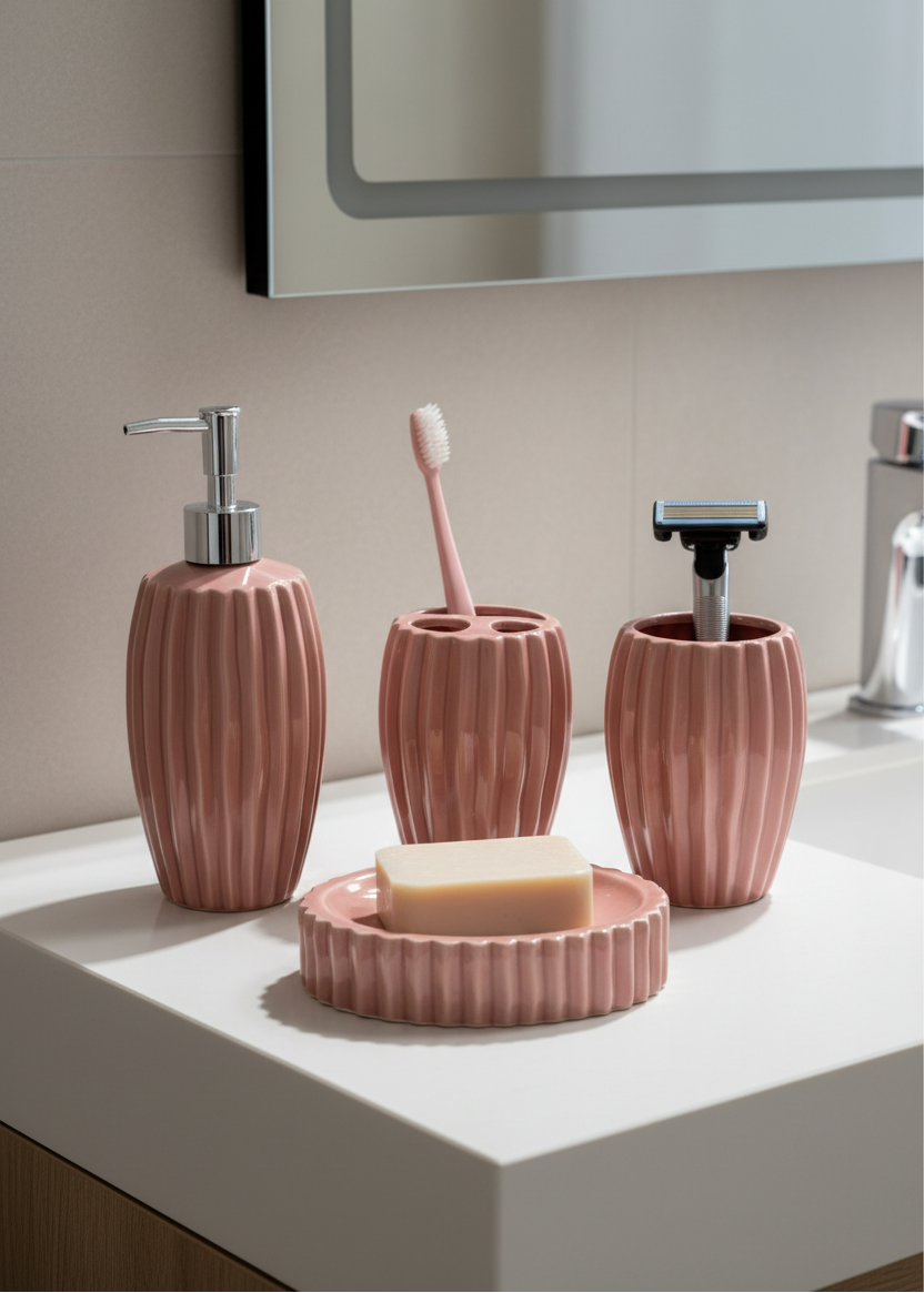 Ribbed Ceramic Bathroom Set - Peach
