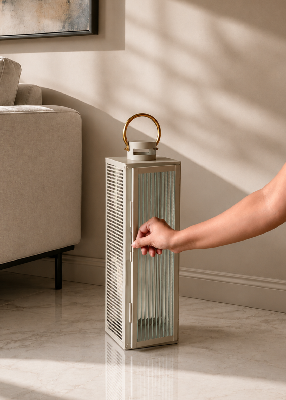 Vellora Beige &amp; Gold Lantern - Large