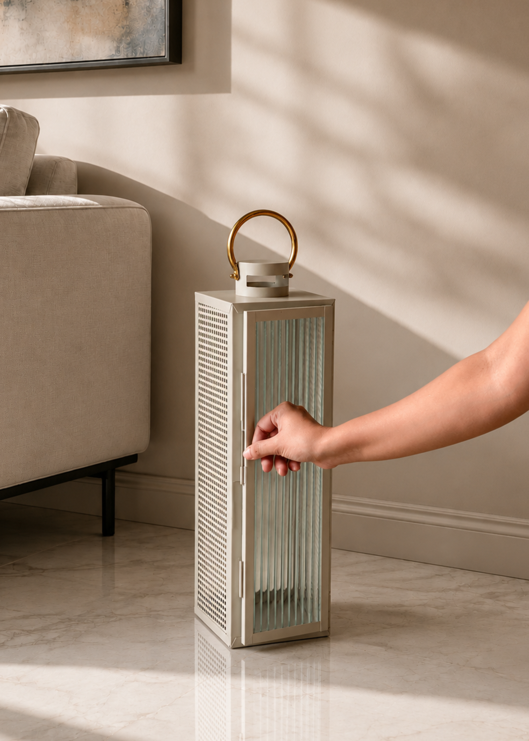 Vellora Beige &amp; Gold Lantern - Large