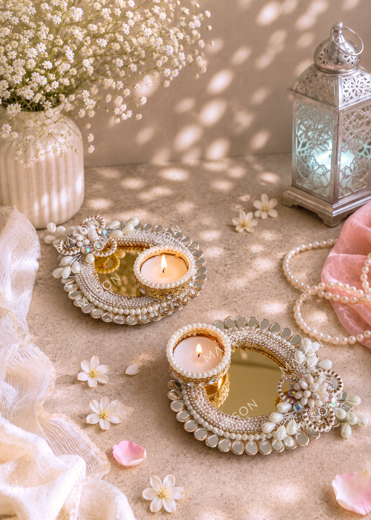 Festive Mirror Paisley Diya - Set of 2