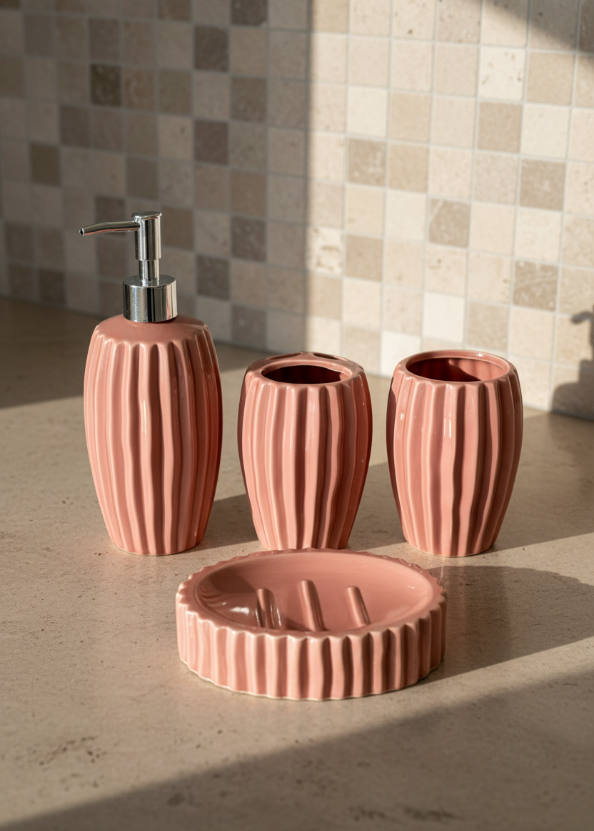 Ribbed Ceramic Bathroom Set - Peach