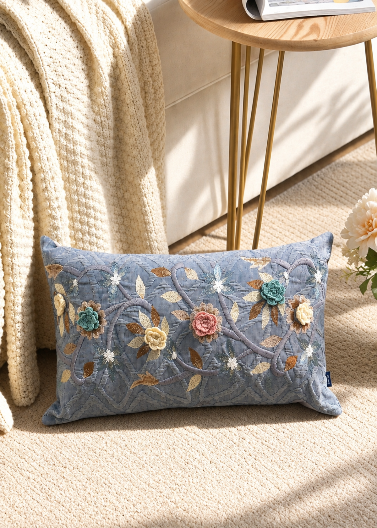 Dusty Blue Floral Cushion Cover