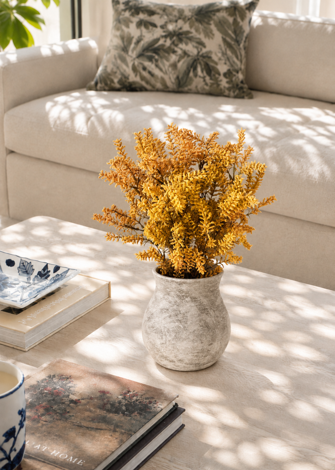 Artificial Heather Bush with Ceramic Vase - 1.3 Feet