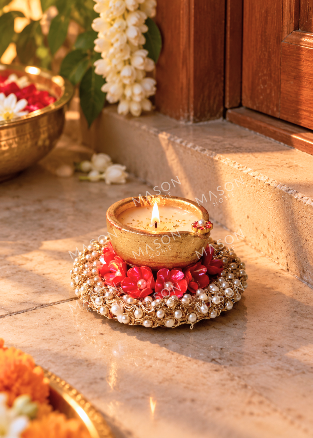 Handmade Clay Rustic Pearl Blossom Diya - Set of 2