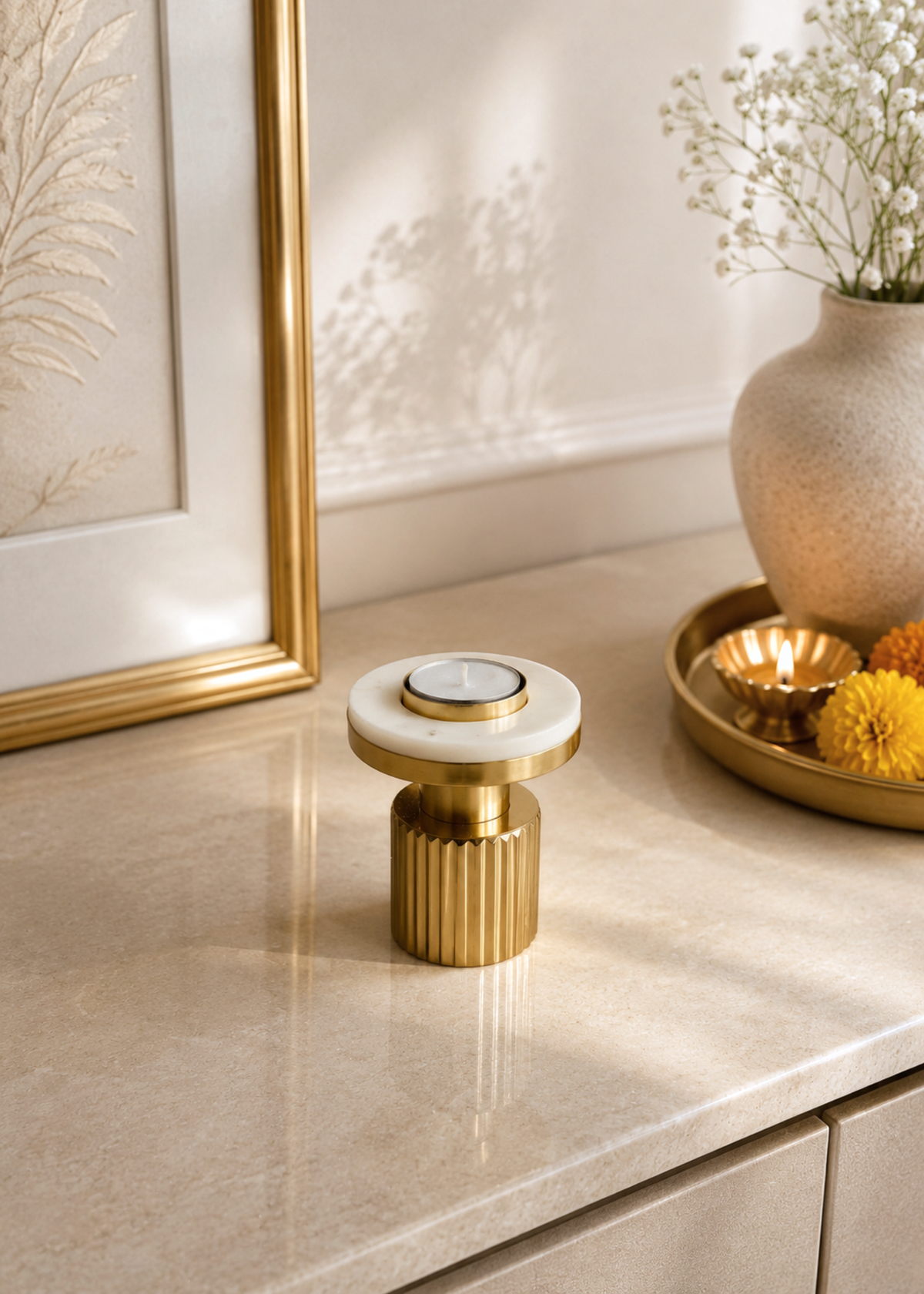 Gold Fluted Marble Candle Holder Set