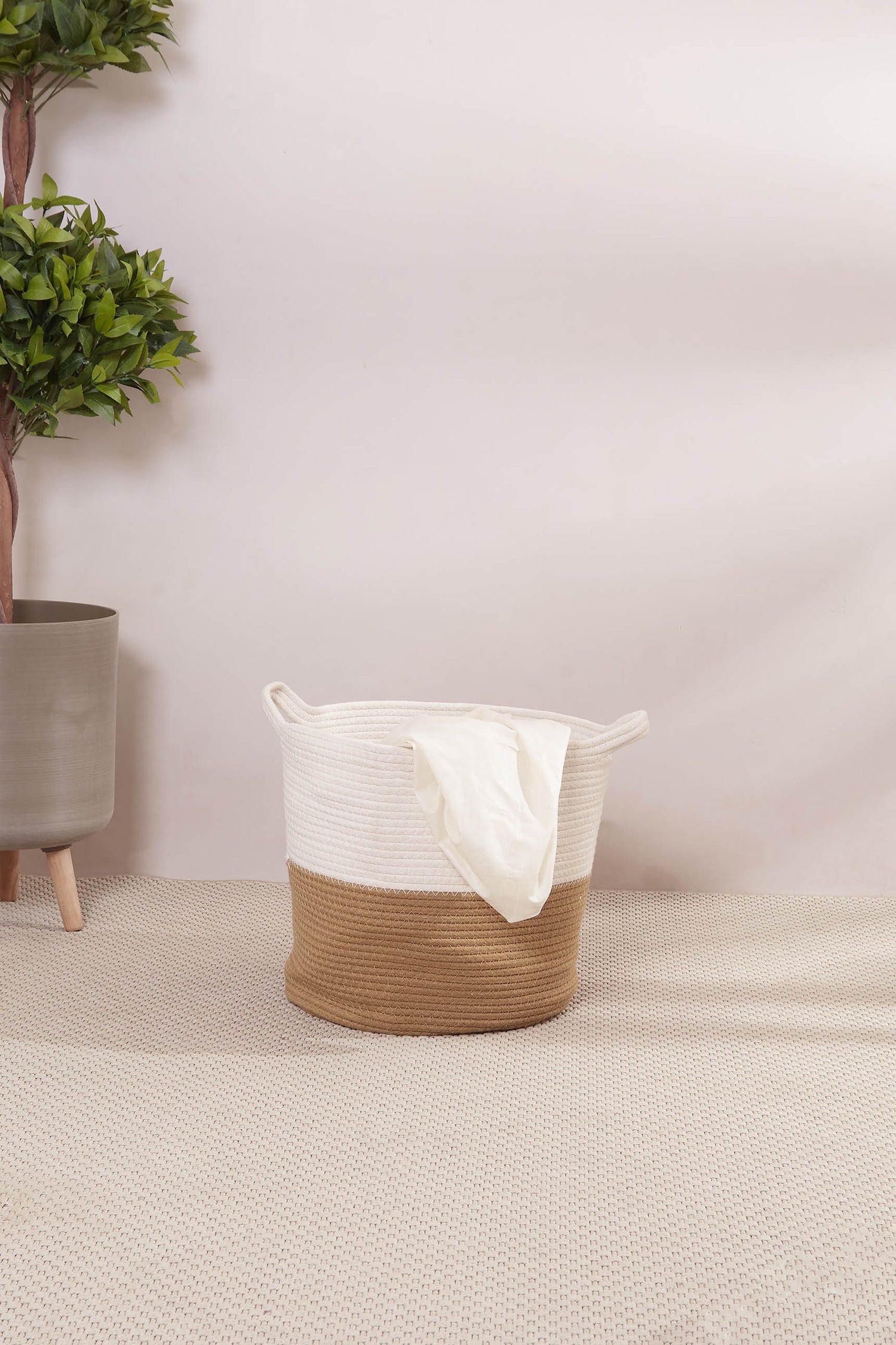 Beige &amp; White Cotton Laundry Basket