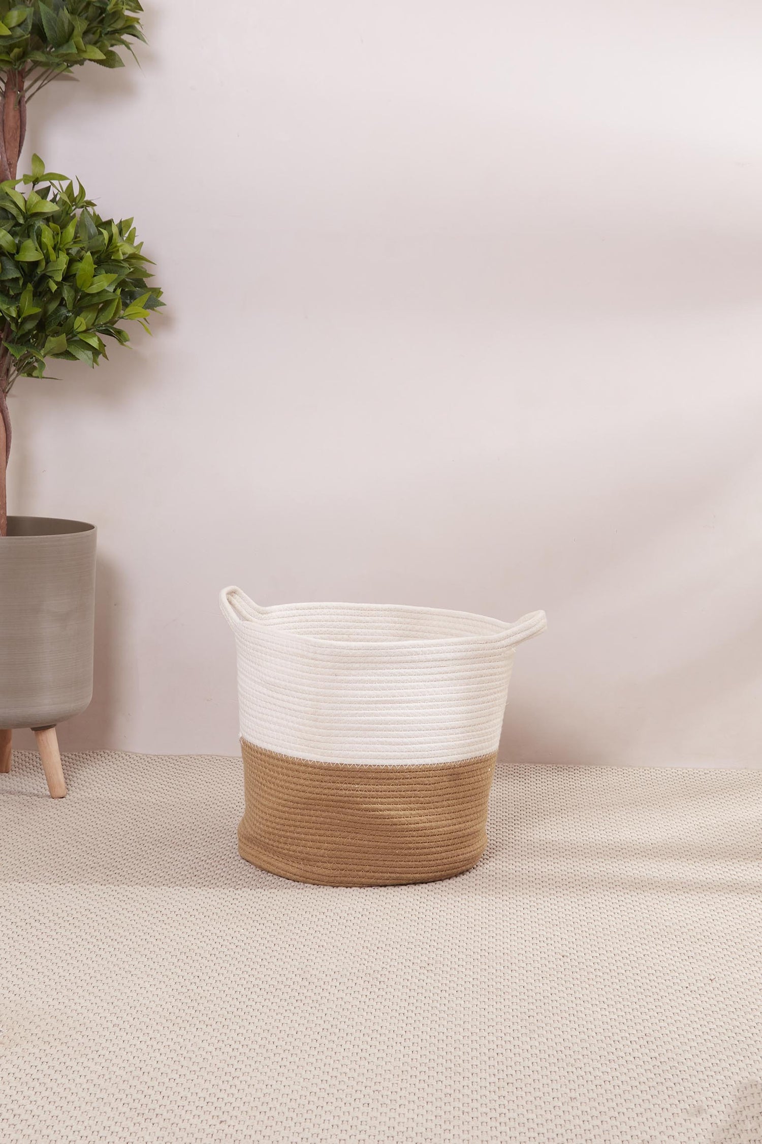 Beige &amp; White Cotton Laundry Basket