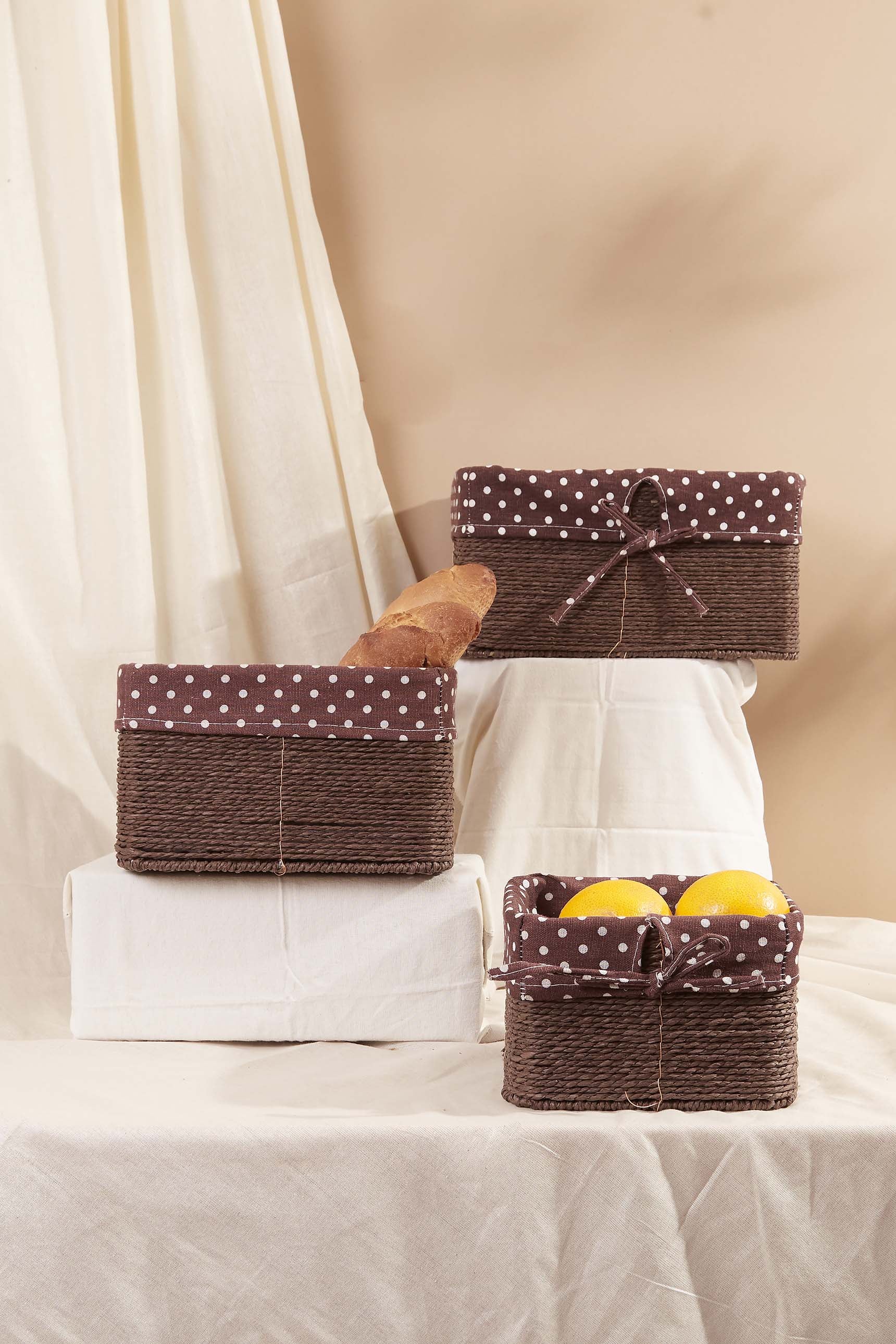 Brown Polka Dot Square Basket - Set Of 3