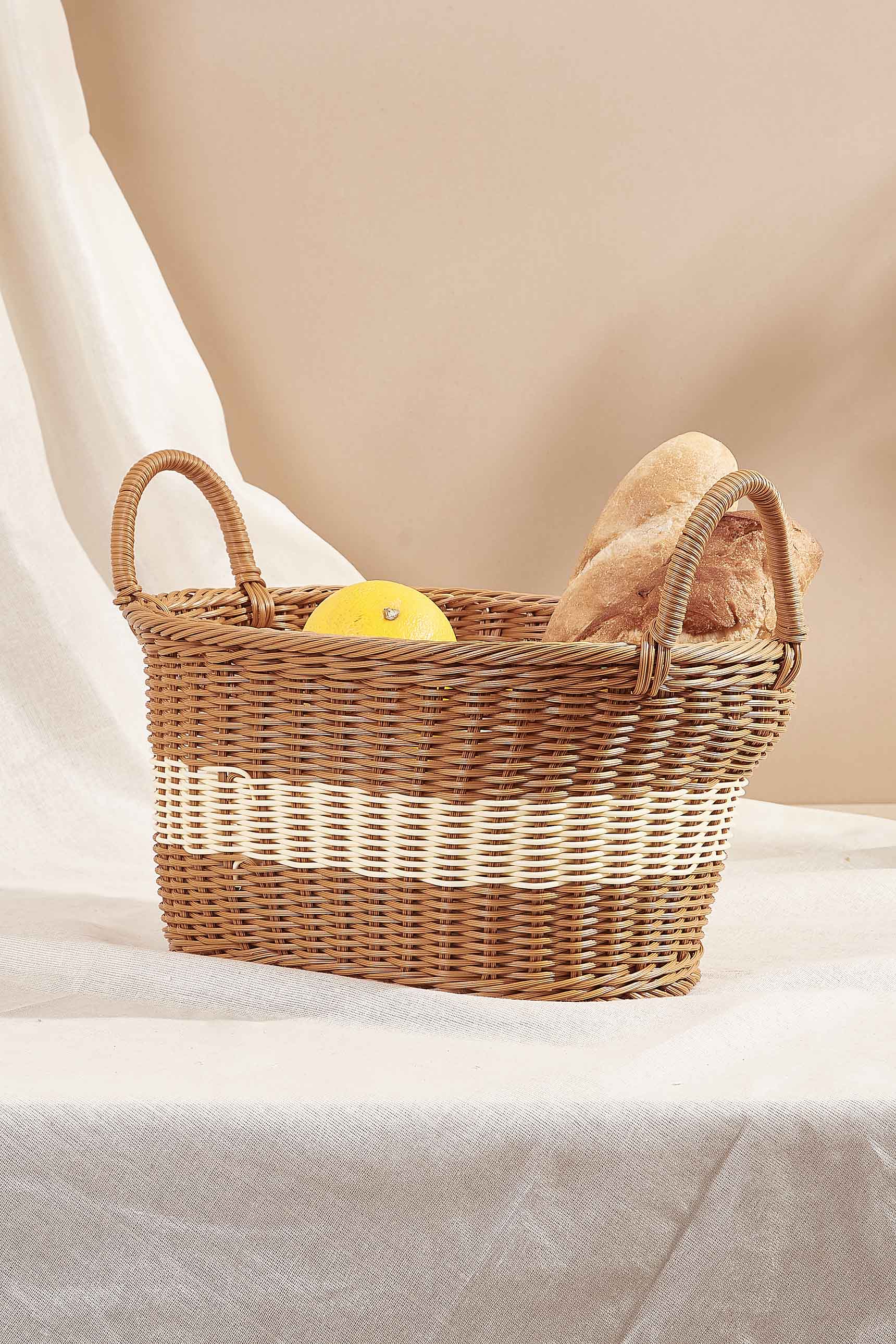Plastic Rattan Brown &amp; White Picnic Basket - Large