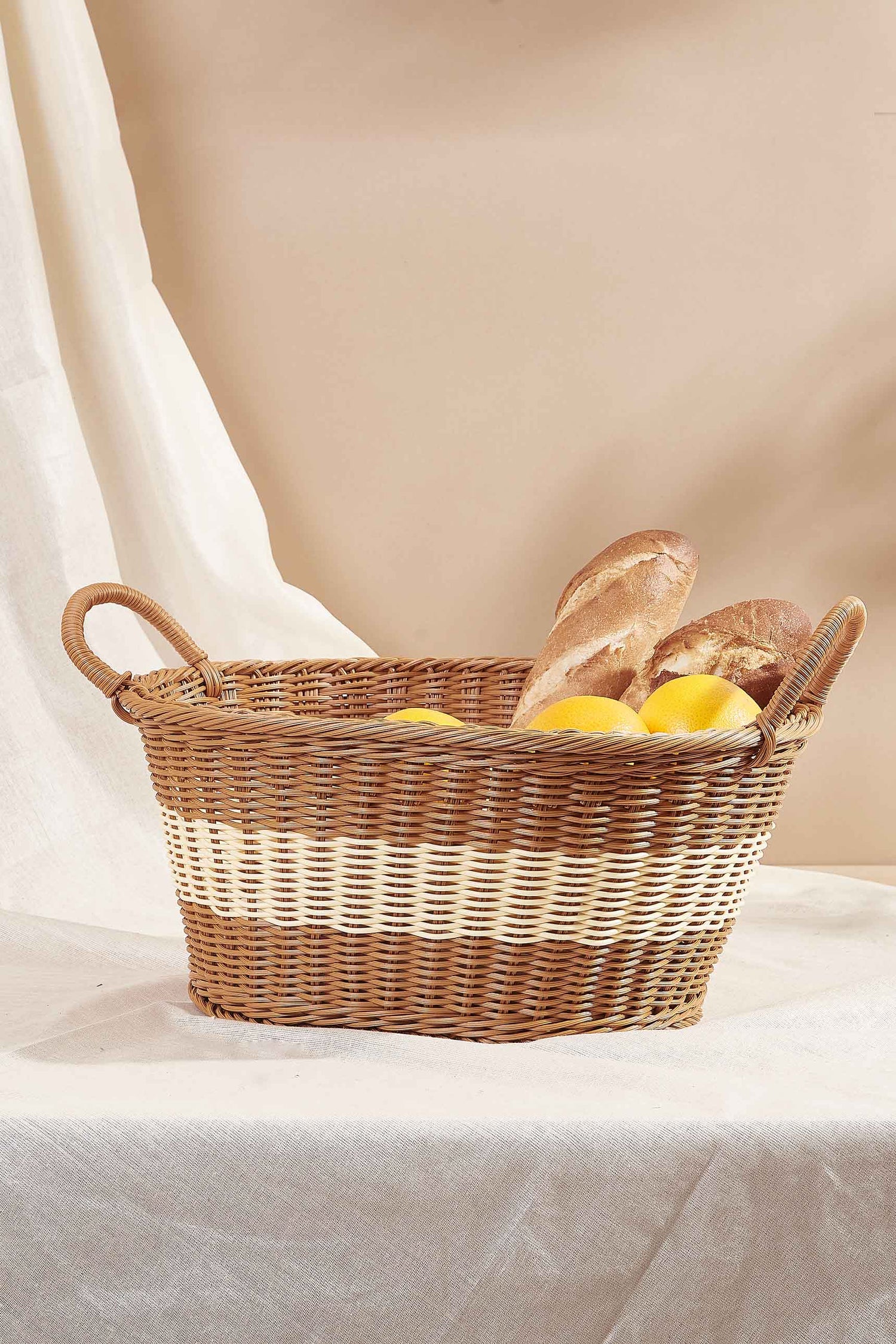 Plastic Rattan Brown &amp; White Picnic Basket - Small