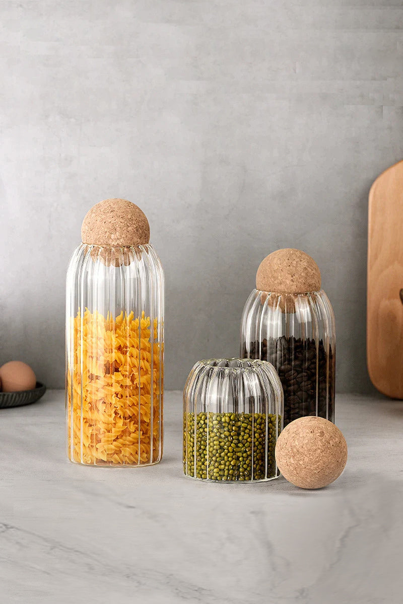 Ribbed Glass Jar With Cork Ball Lid - Set Of 3