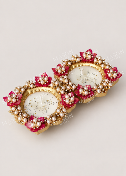 Handmade Clay Rustic Blossom Diya Red - Set of 2