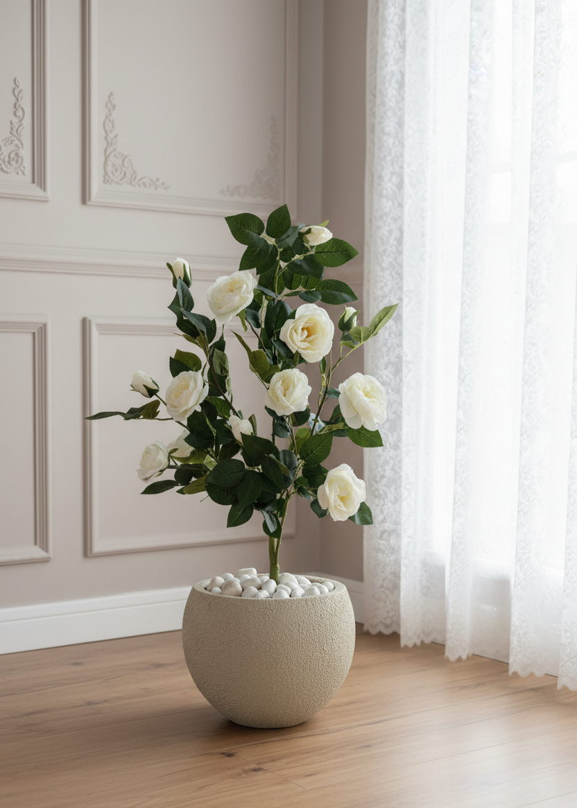 Artificial White Aurea Rose Plant - 3 Feet