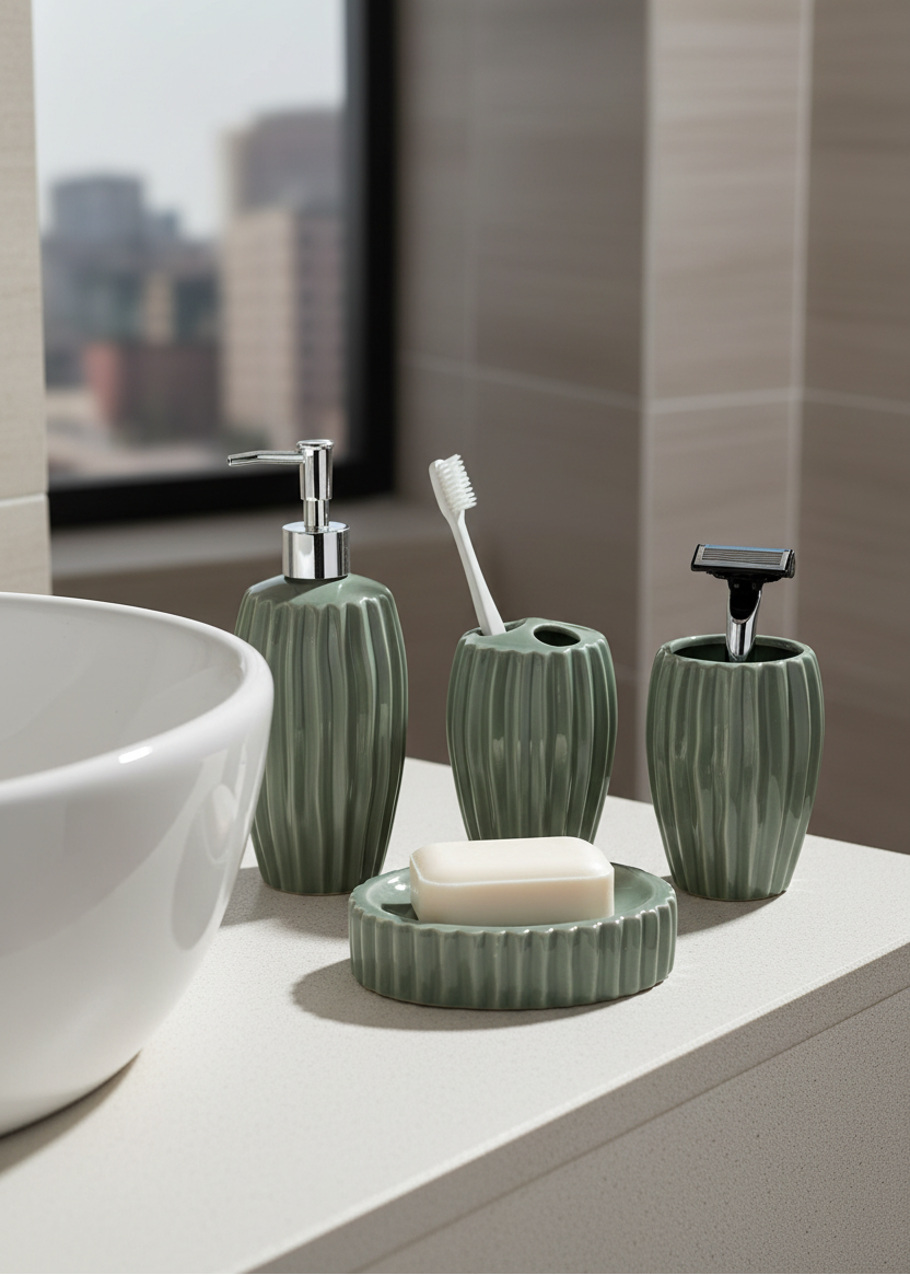 Ribbed Ceramic Bathroom Set - Sage Green