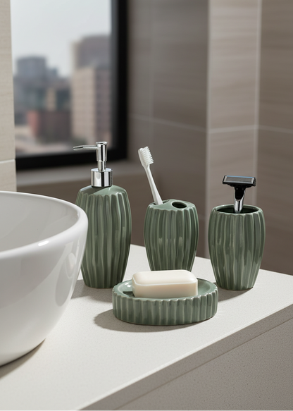 Ribbed Ceramic Bathroom Set - Sage Green