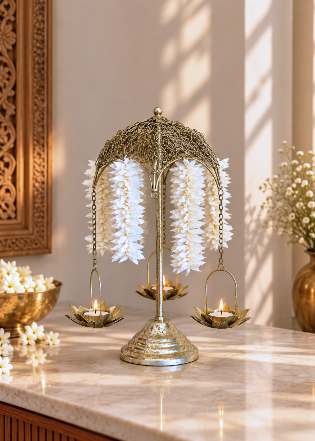 Antique Lotus Diya Stand - Small