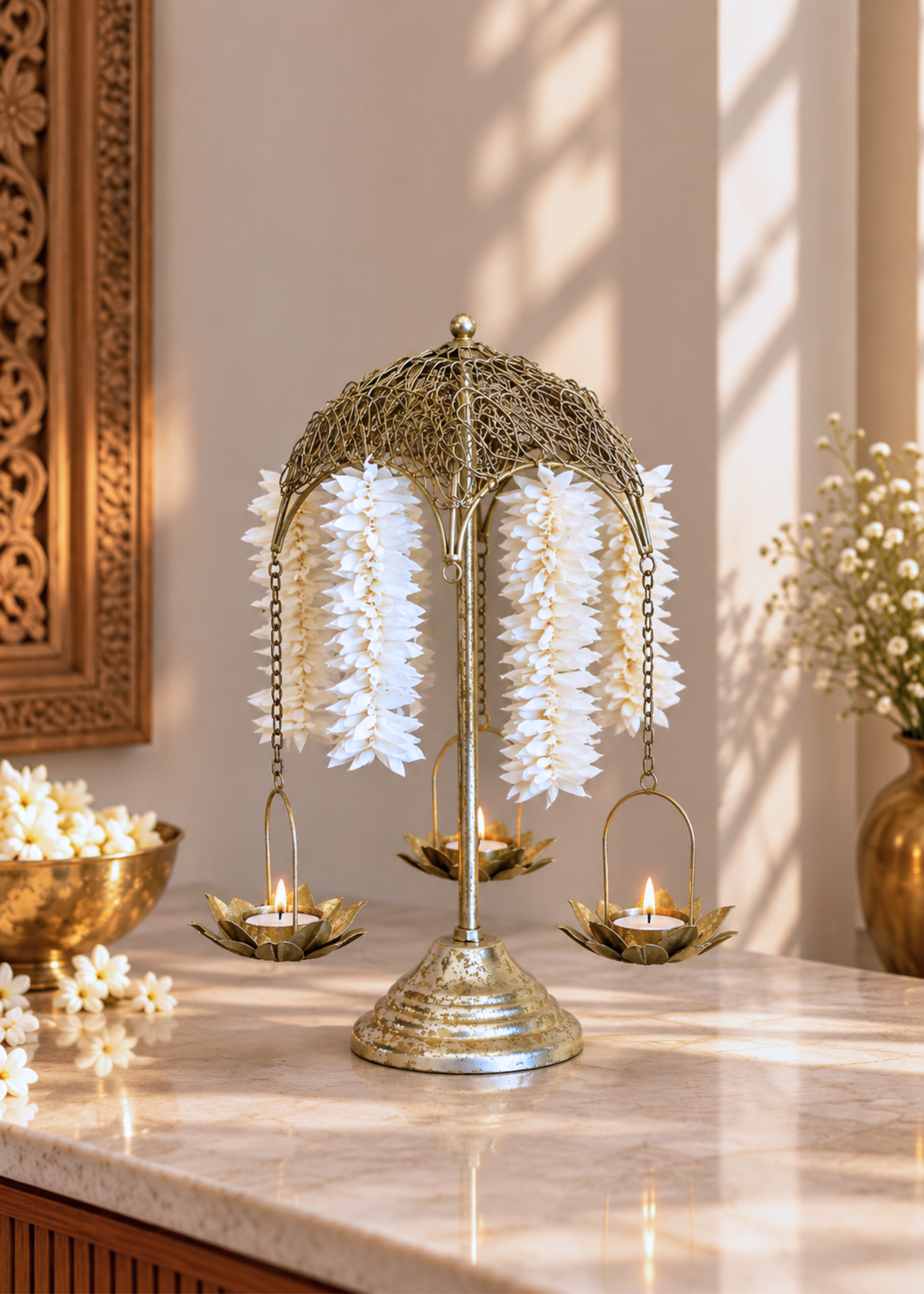 Antique Lotus Diya Stand - Small
