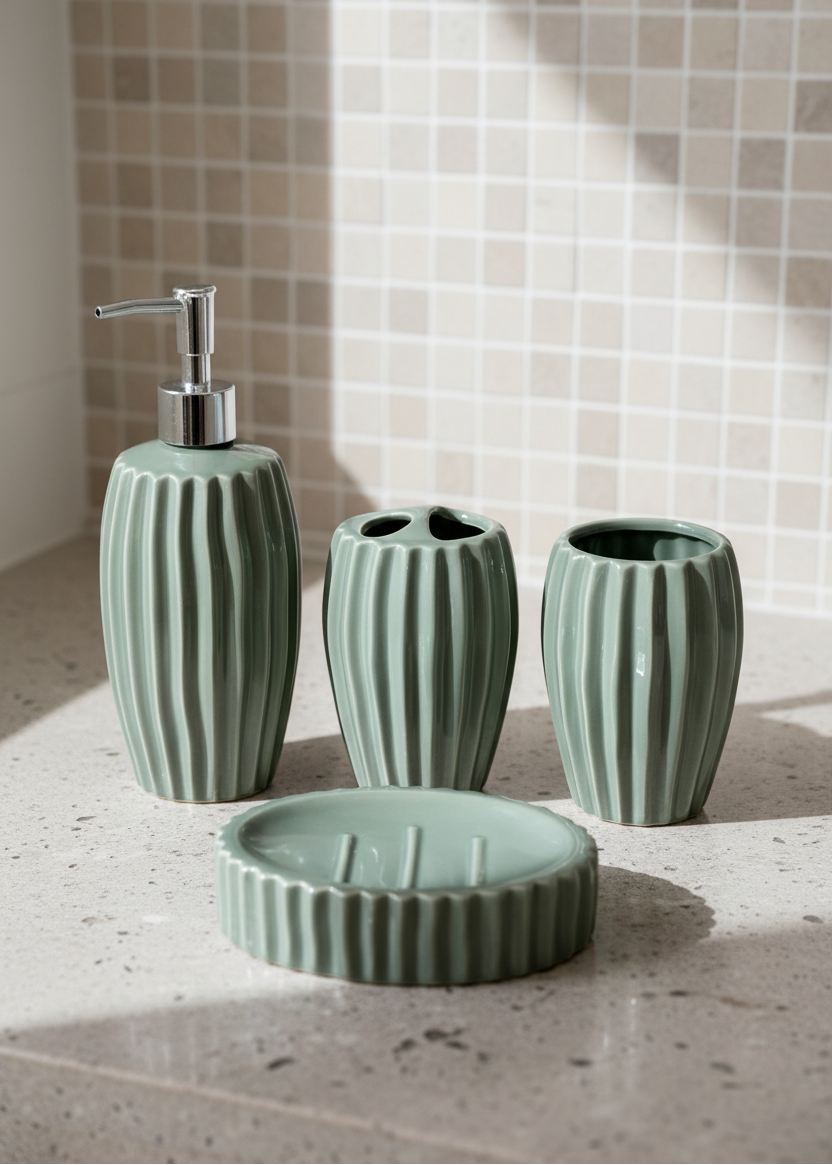 Ribbed Ceramic Bathroom Set - Sage Green