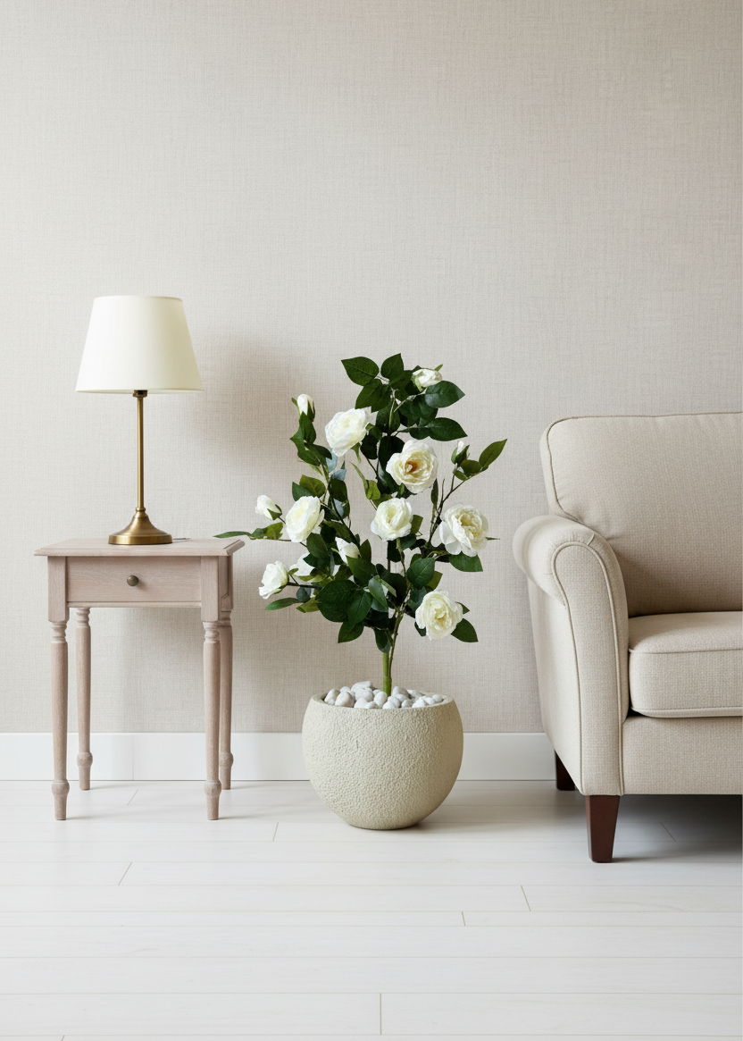 Artificial White Aurea Rose Plant - 3 Feet