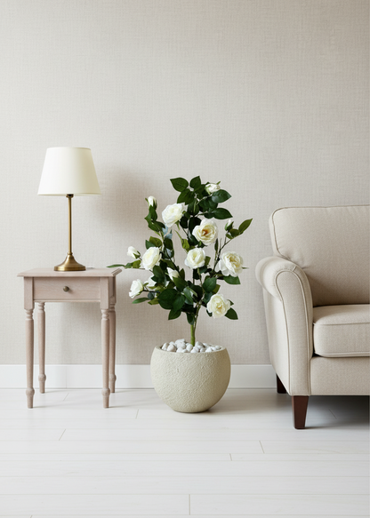 Artificial White Aurea Rose Plant - 3 Feet