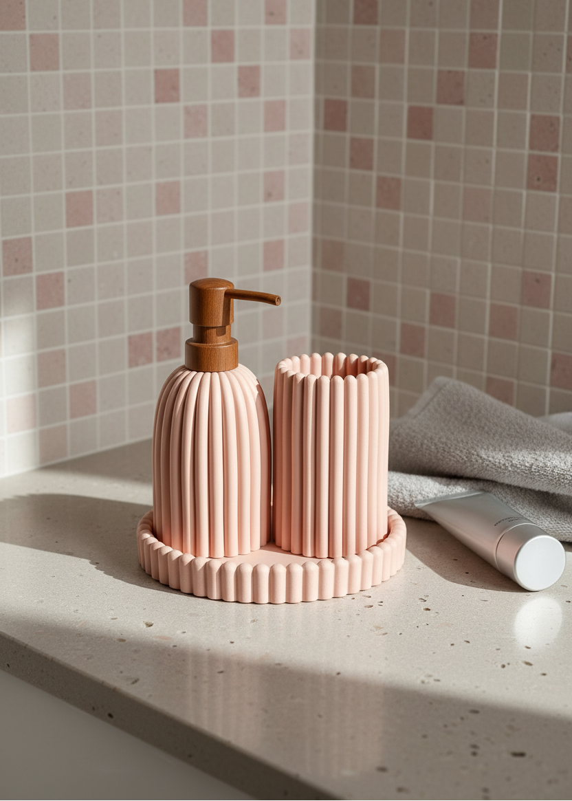 Terra Ribbed Bathroom Set - Set of 3 (Pink)