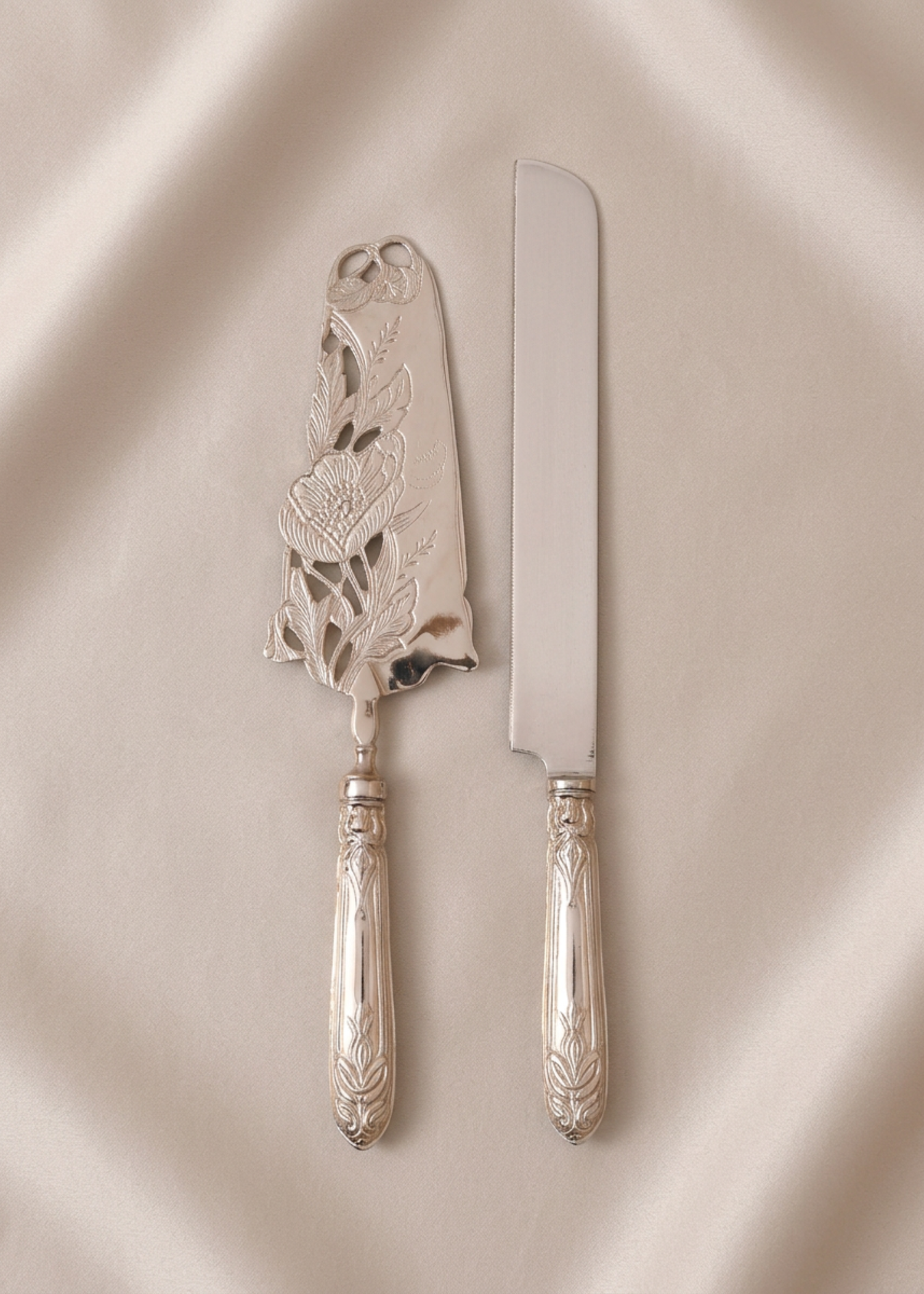 Royal Floral Bloom Cake Knife And Server - Silver