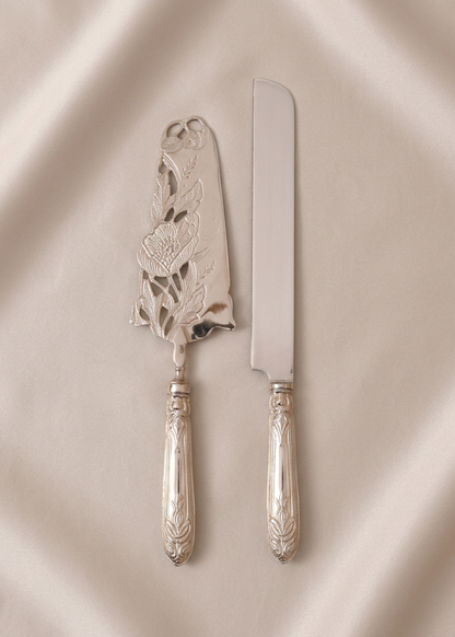 Royal Floral Bloom Cake Knife And Server - Silver