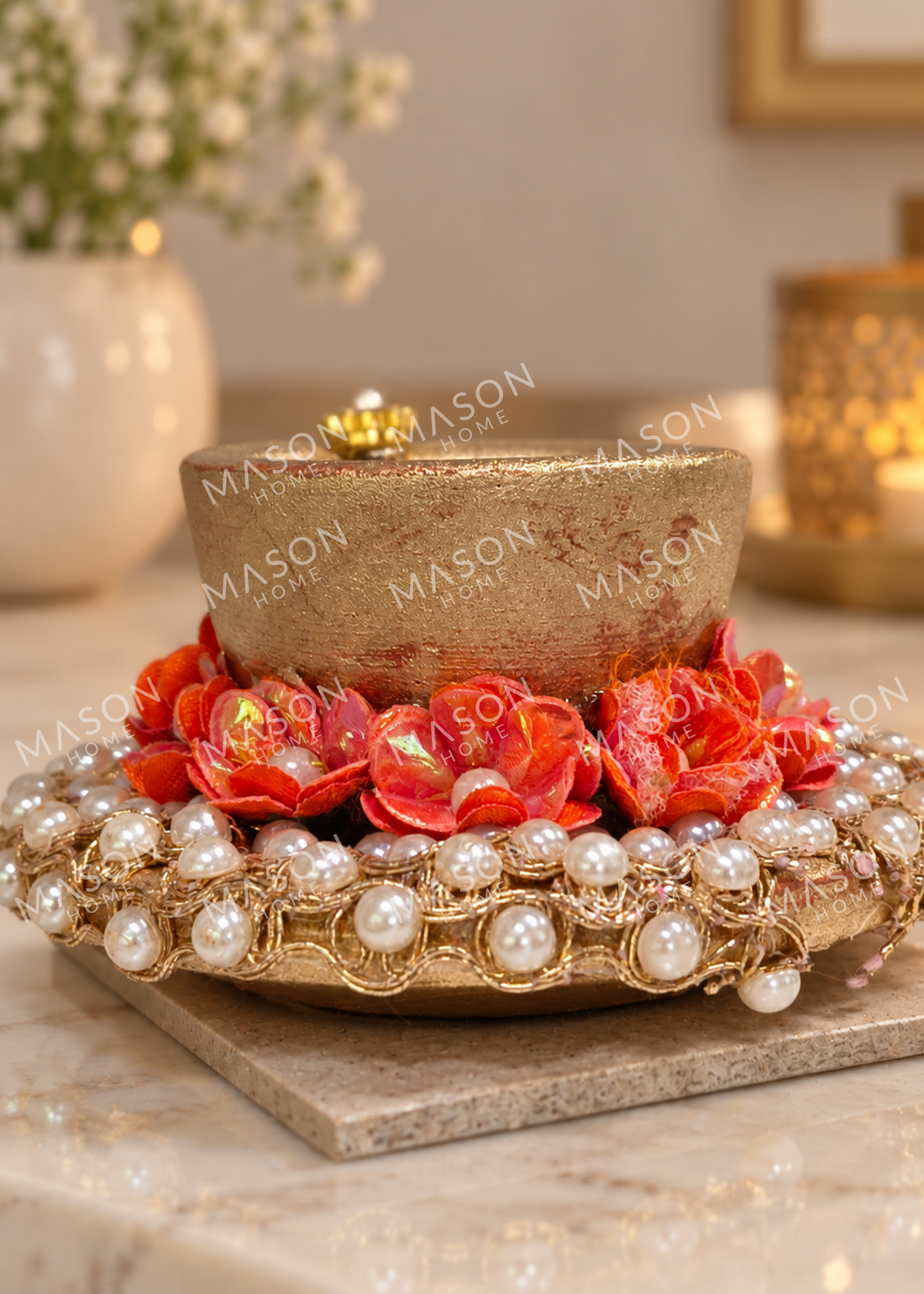 Handmade Clay Rustic Pearl Blossom Diya - Set of 2