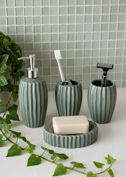 Ribbed Ceramic Bathroom Set - Sage Green