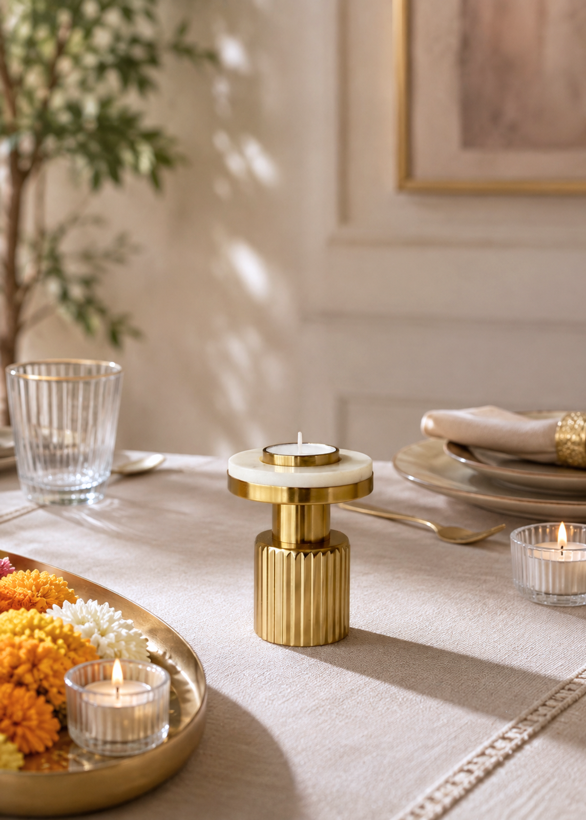 Gold Fluted Marble Candle Holder Set