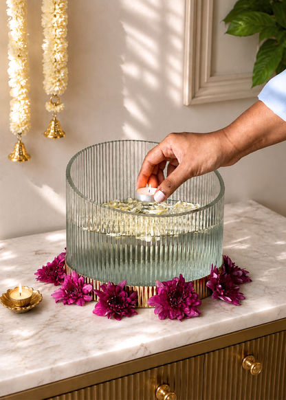 Fluted Glass Gold Vase - Wide