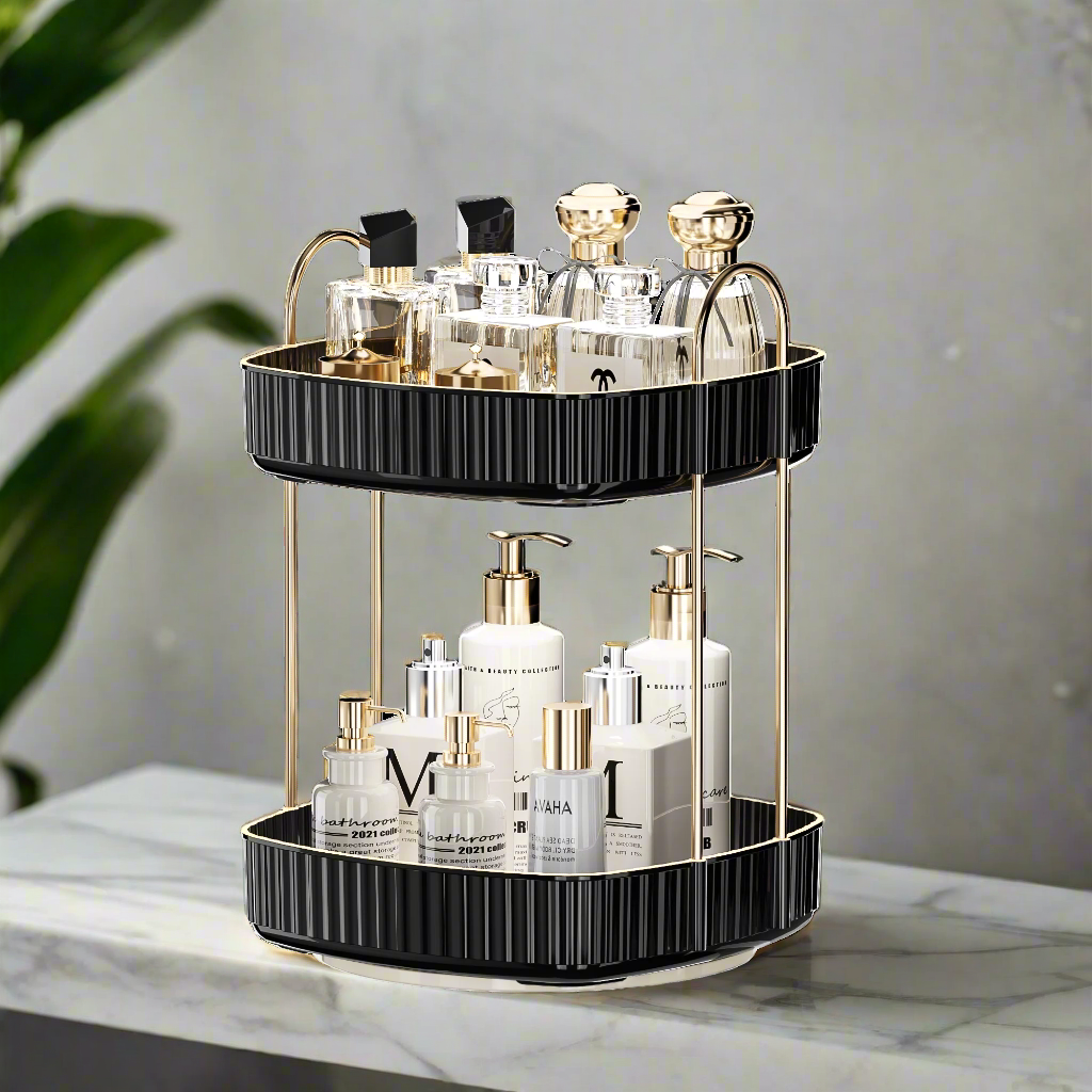 Two Tier Square Rotating Makeup Organiser - Black