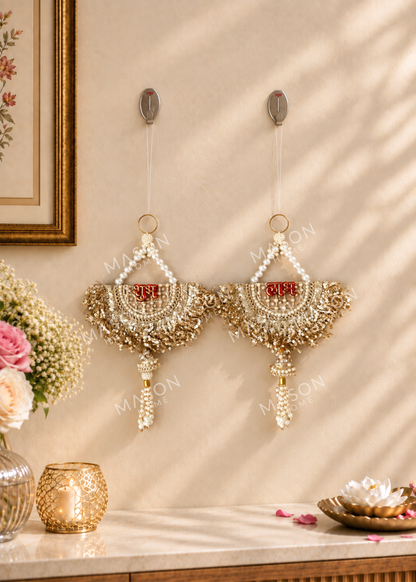 Festive Gilded Pearl Shubh labh - Set of 2