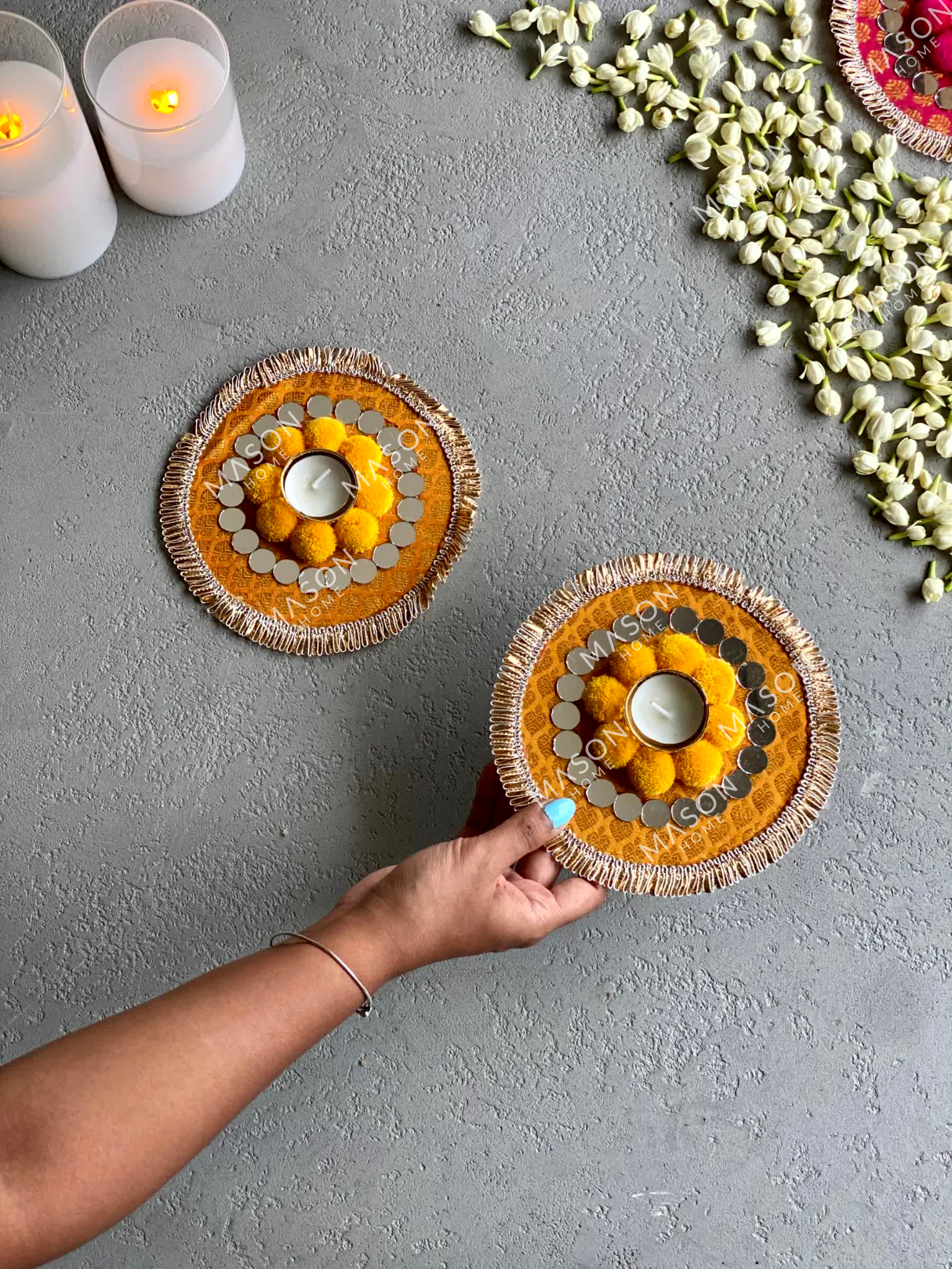 Festive Bloom Diyas - Yellow - Set of 2