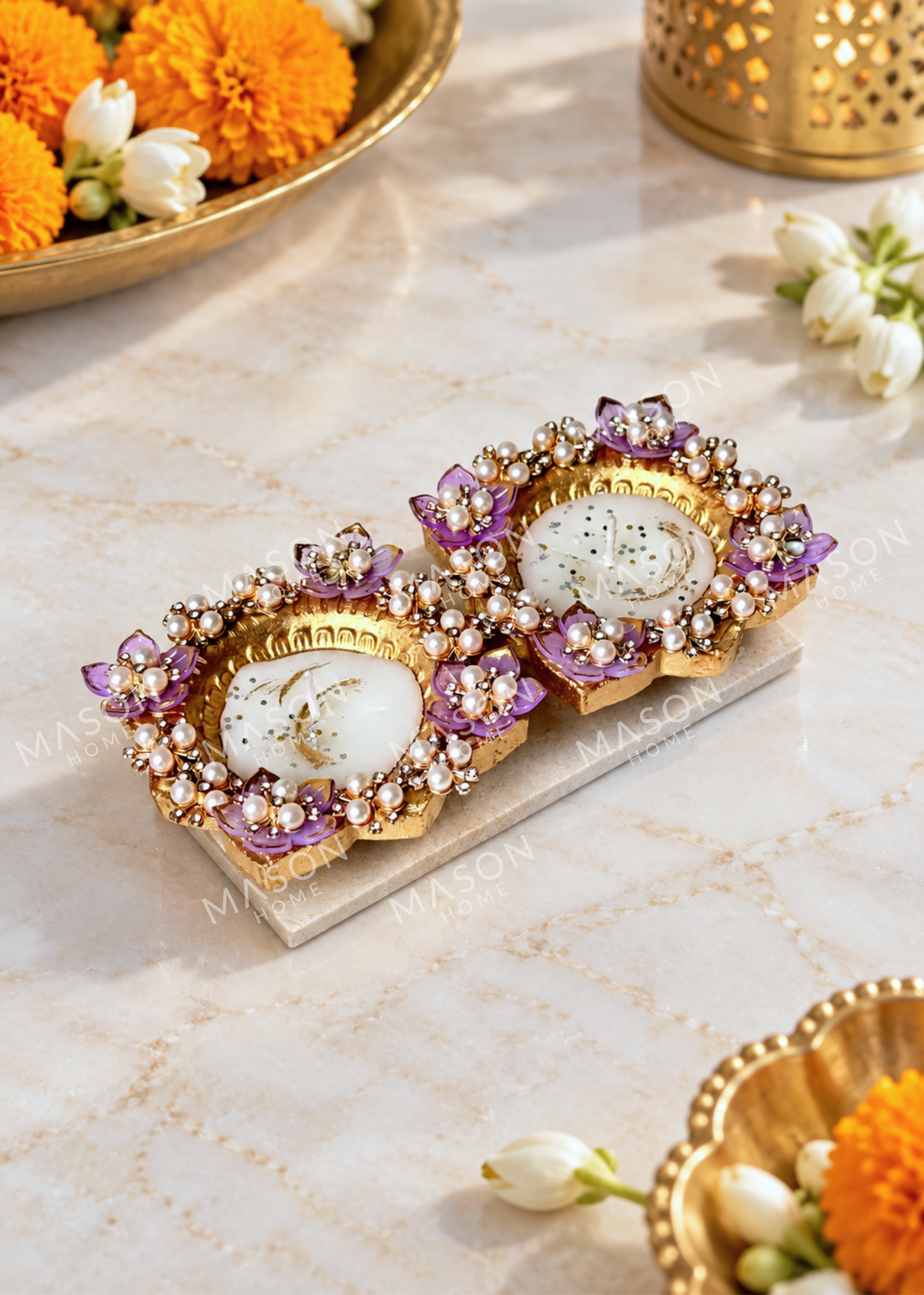 Handmade Clay Rustic Blossom Diya Purple - Set of 2