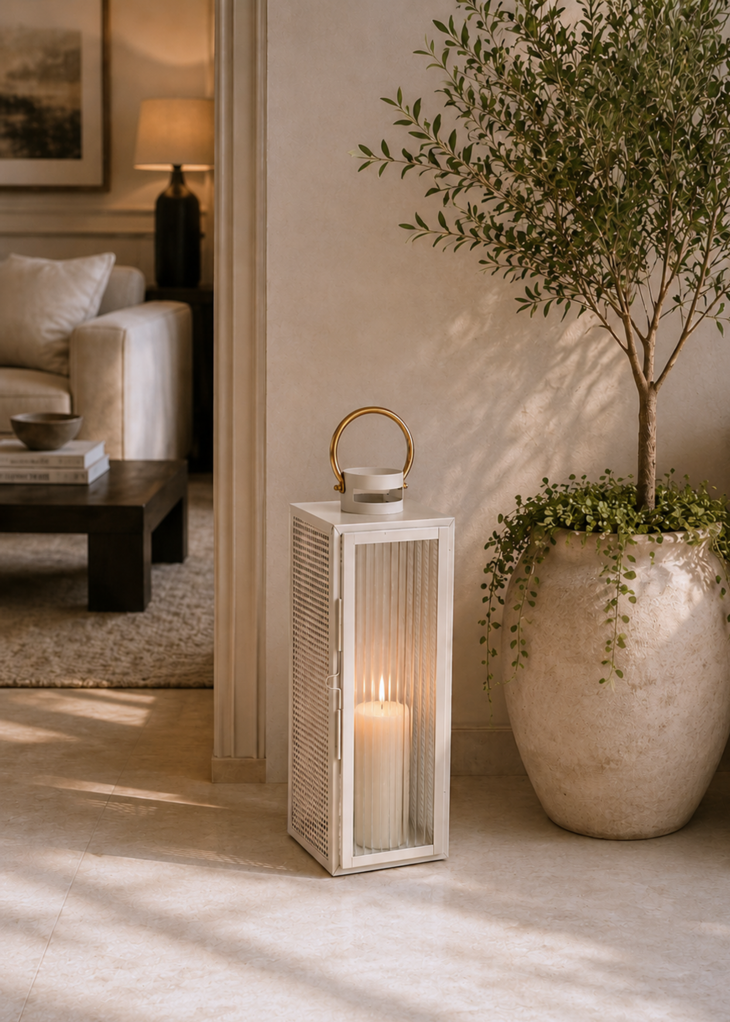 Vellora Beige &amp; Gold Lantern - Large